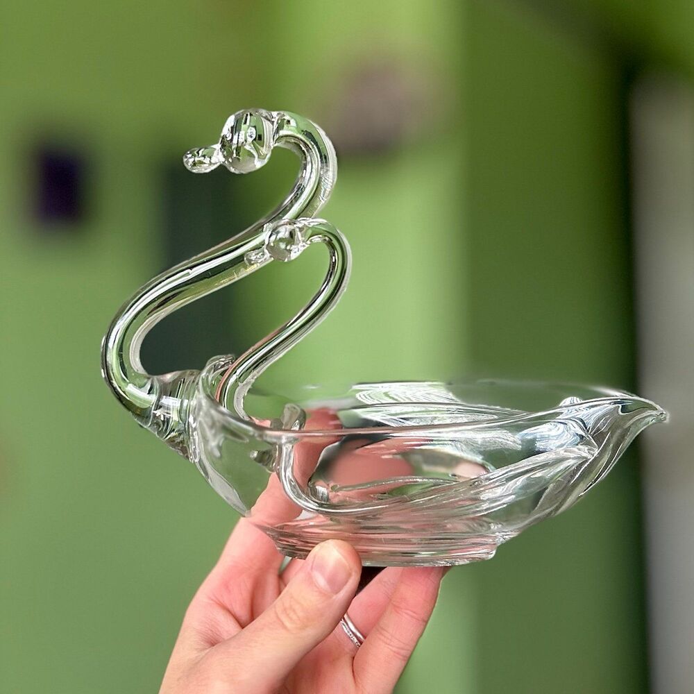 VTG Dainty Shiny Elegant Glass Swan Mama + Baby Bird Trinket Dish Set of 2 - Picture 3 of 12